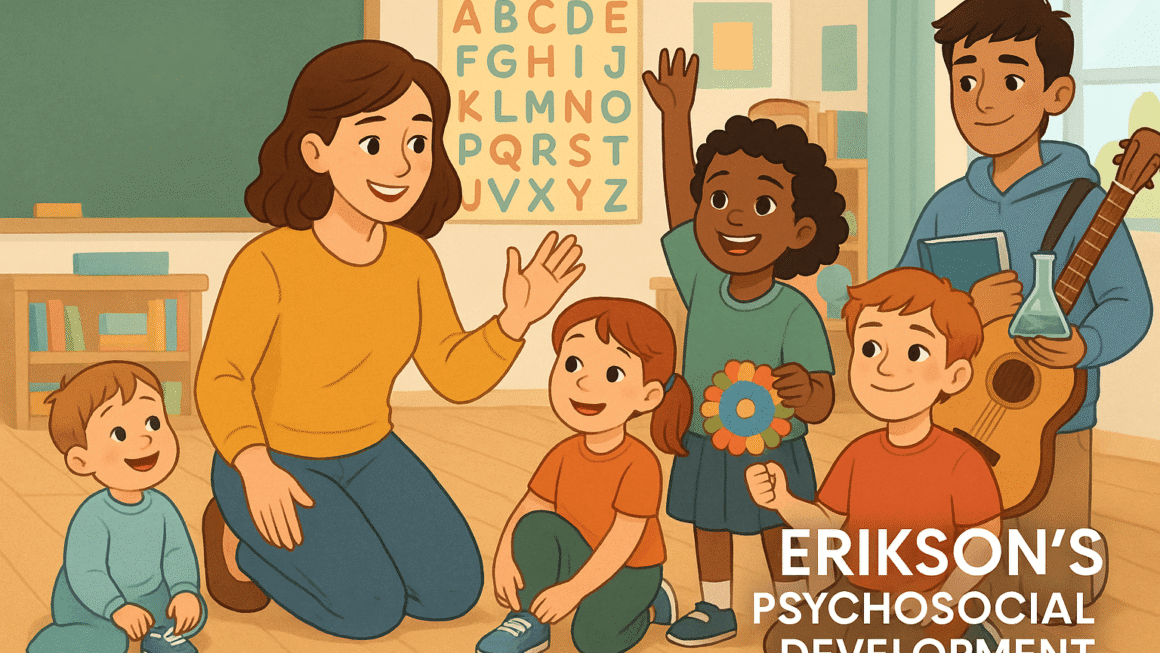 “A warm classroom scene showing a friendly teacher interacting with children of different ages — a toddler smiling to show trust, a 2–3-year-old trying to tie their shoes to show autonomy, a young child raising a hand to show initiative, an older child proudly displaying a craft to show industry, and a teenager holding a guitar, book, and science flask to represent identity exploration — illustrating Erikson’s psychosocial development stages.”