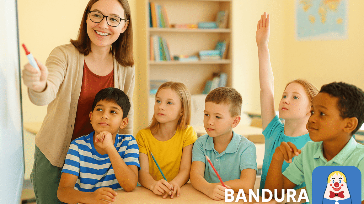 “A vibrant classroom scene showing a teacher demonstrating an action at the board while children watch and imitate her, representing Bandura’s social learning concepts of modelling and observational learning; with a small Bobo Doll illustration included to reference the famous experiment.”