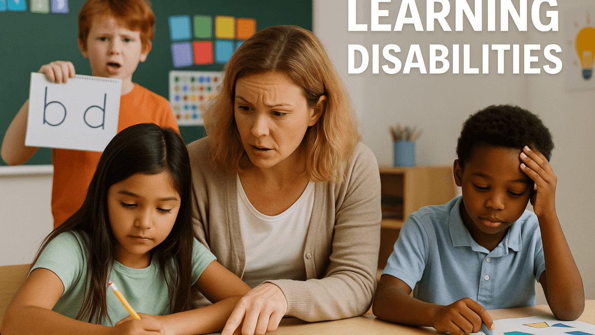 “A warm classroom scene showing a teacher gently helping three children—one struggling with reading, one with handwriting, and one with numbers—representing dyslexia, dysgraphia, and dyscalculia, with colorful learning aids on the table and the text ‘Learning Disabilities’ displayed subtly.”
