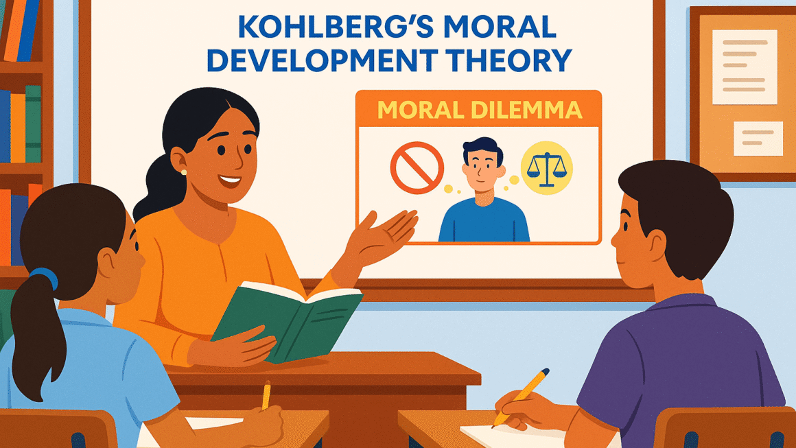 “A teacher stands in front of a classroom explaining a moral dilemma to attentive students during a discussion on Kohlberg’s Theory of Moral Development. The colorful animated illustration shows students engaged in reasoning about right and wrong, reflecting CTETSmart’s concept of classroom-based moral education.”