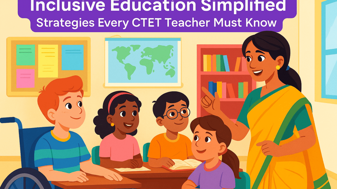 “A South Asian female teacher in a sari leads an inclusive classroom discussion with diverse students, including a child using a wheelchair, symbolizing inclusive education for CTET. Students are smiling, engaged, and learning together in a colorful, supportive environment.”