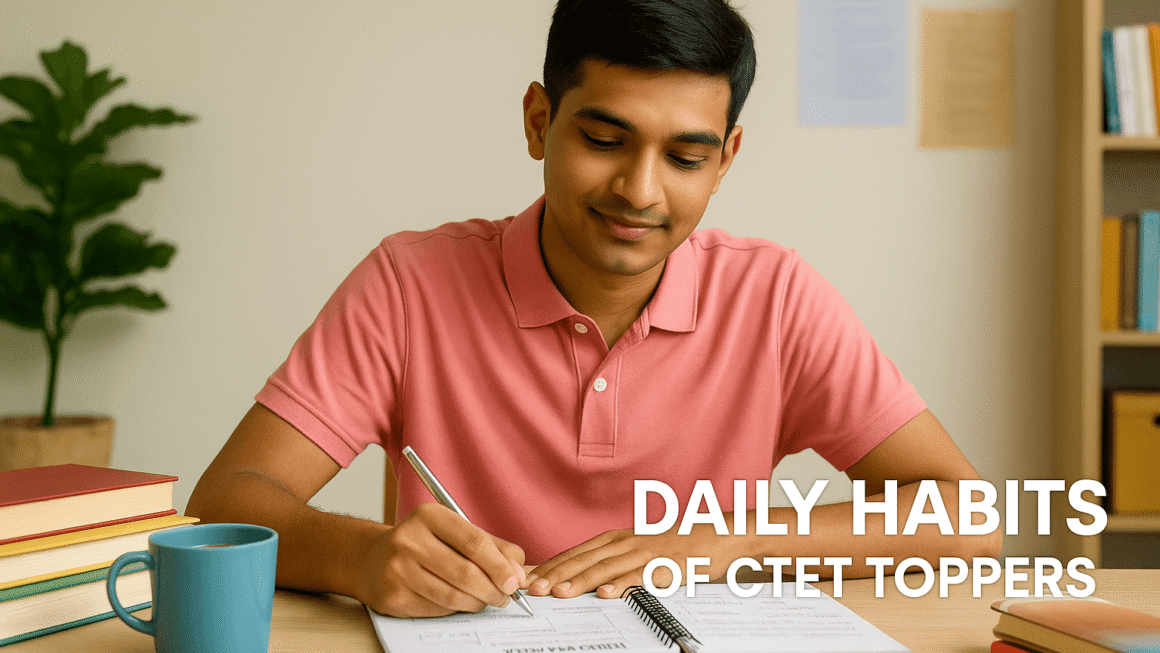 “A young Indian male CTET aspirant wearing a pink shirt sits confidently at a desk, maintaining his study planner with books, notes, and a cup of coffee beside him. The background shows a bright and organized study space, symbolizing focus, discipline, and the daily habits of CTET toppers.”