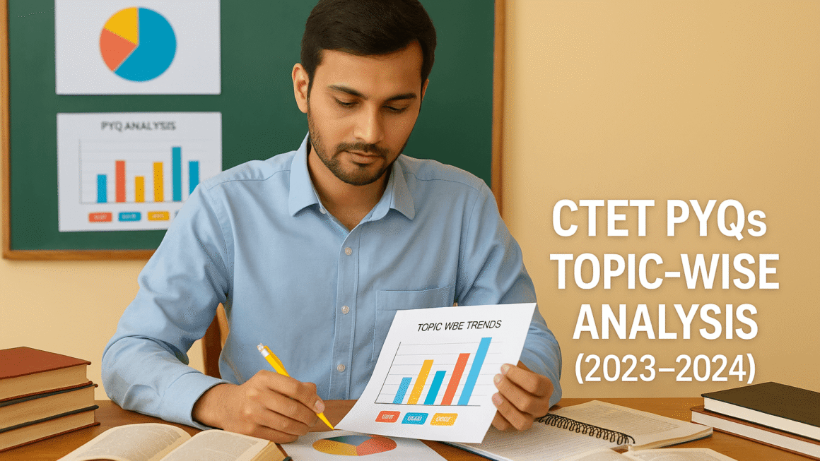 “A young South Asian male CTET aspirant in a light blue shirt sits at a desk analyzing previous year question papers with charts, graphs, and study notes open around him. The background features a bright, academic workspace symbolizing CTET PYQ topic-wise analysis and smart preparation strategy.”