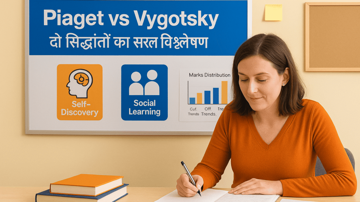 “A woman in an orange sweater sits at a desk writing in a notebook while analyzing Piaget and Vygotsky’s learning theories. Behind her, a whiteboard displays icons for ‘Self-Discovery’ and ‘Social Learning’ along with Hindi text, representing CTETSmart’s explanation of cognitive development concepts.”